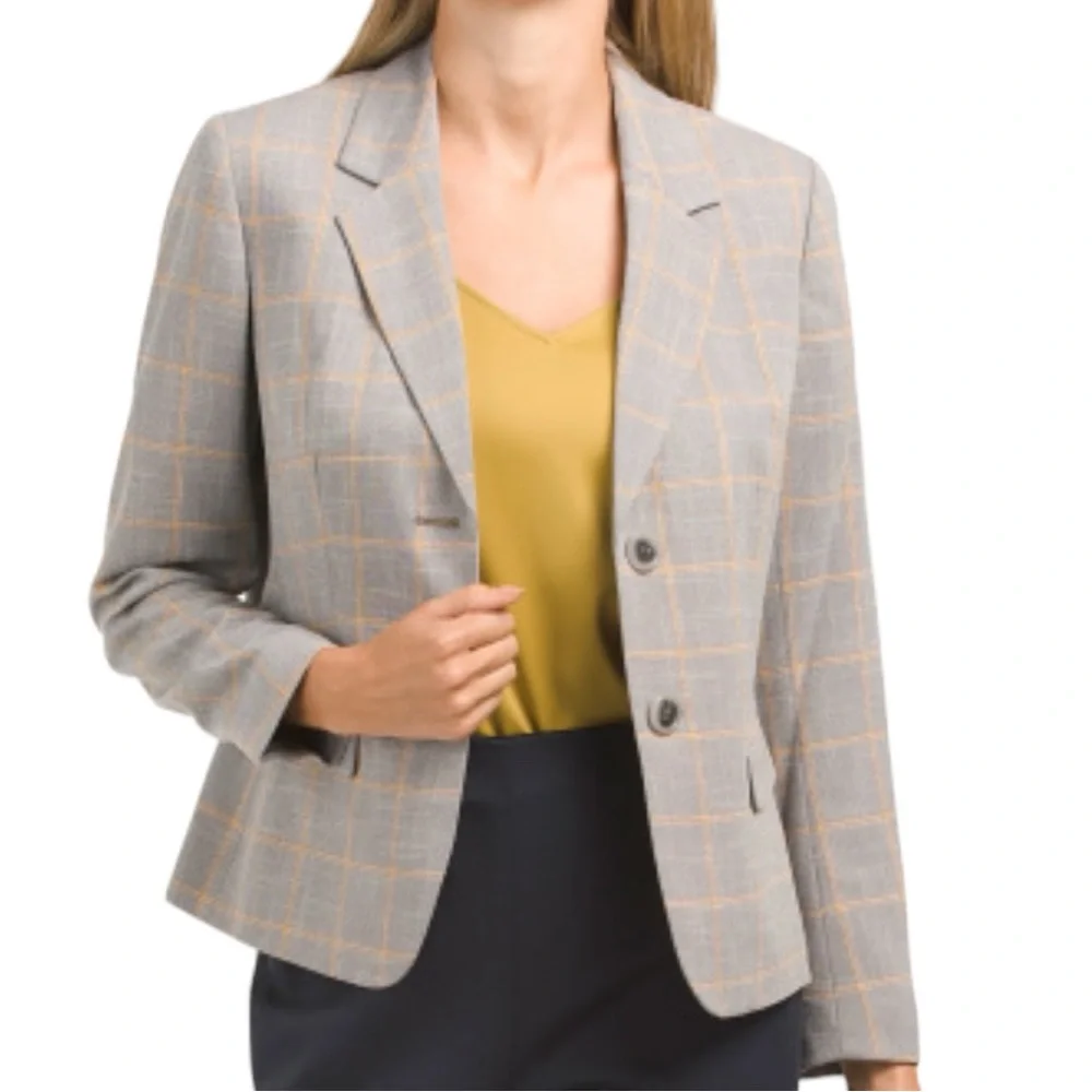 KASPER Plaid Notch Lapel Long Sleeve Flap Pocket Coordinating Two Button Jacket